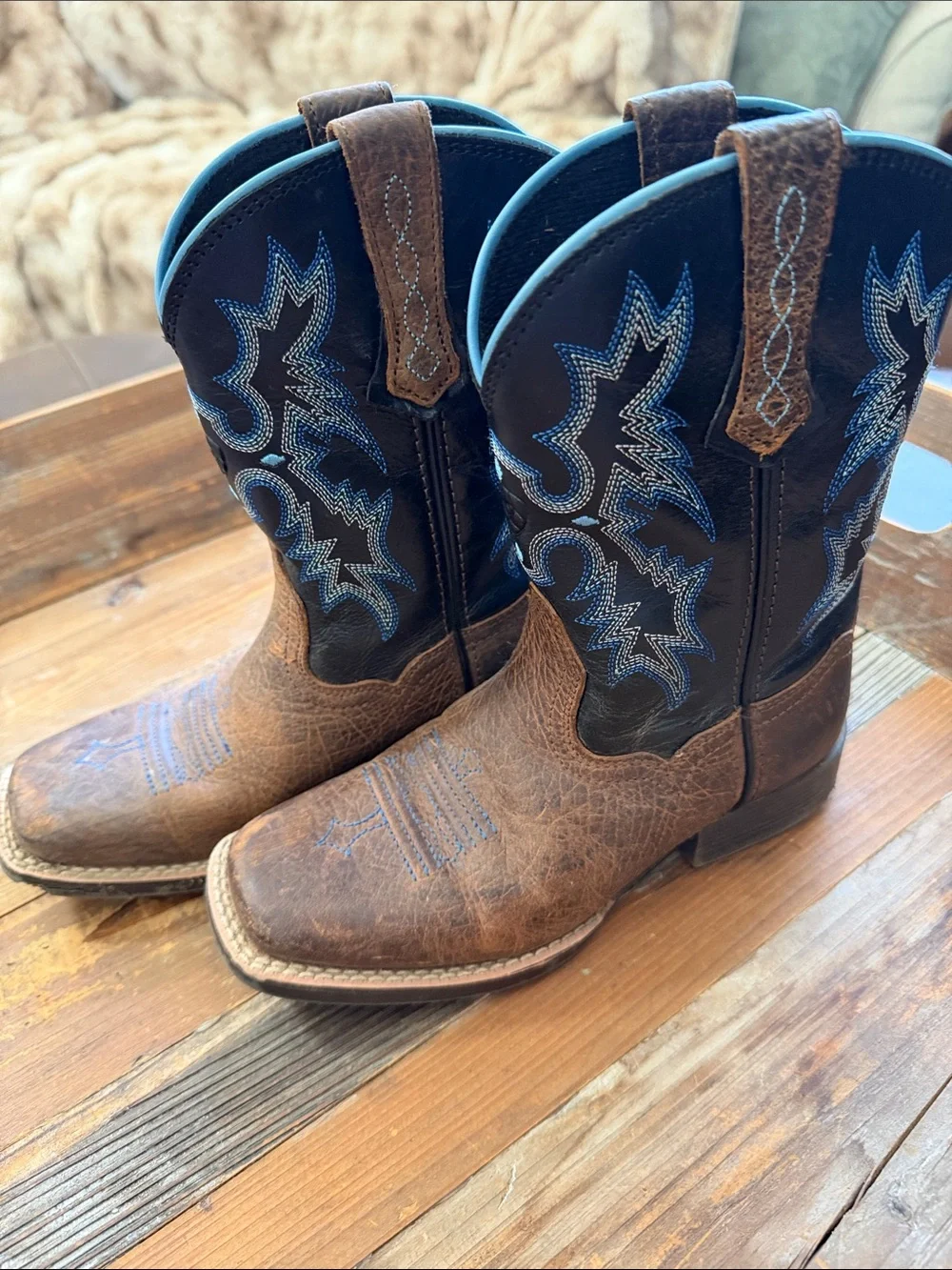 Ariat Brown and Black Kids Western Boots with Blue Embroidery